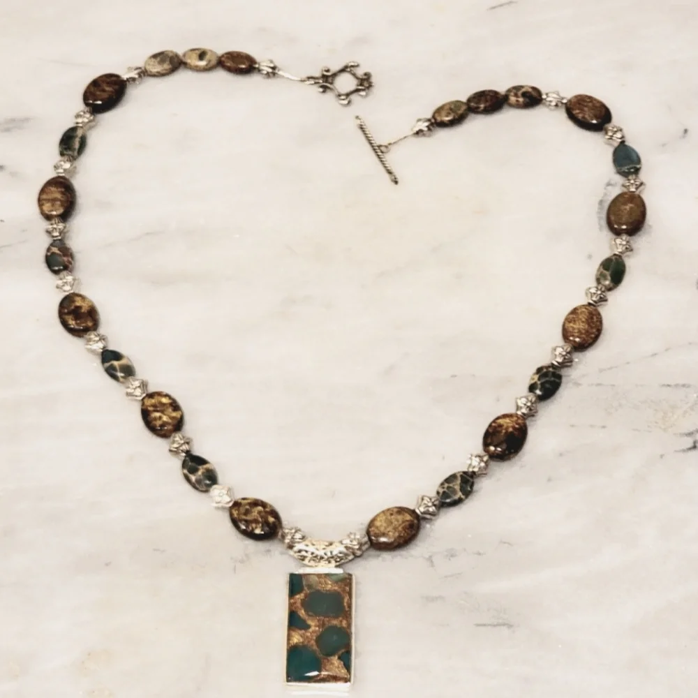 Bronzite Green Onyx Sterling Pendant Necklace 21" - Picture 2 of 7